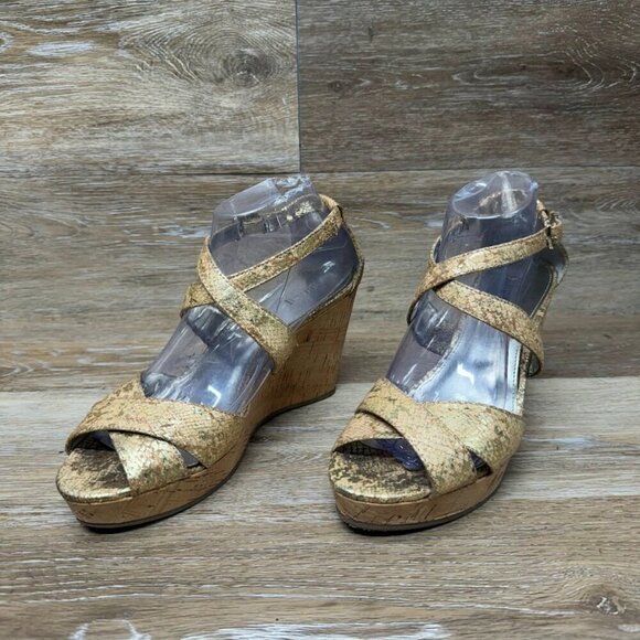 Alfani Jersey Cork Wedge Gold Reptile Pattern Strappy Sandal Women's Size 9 - Picture 1 of 6